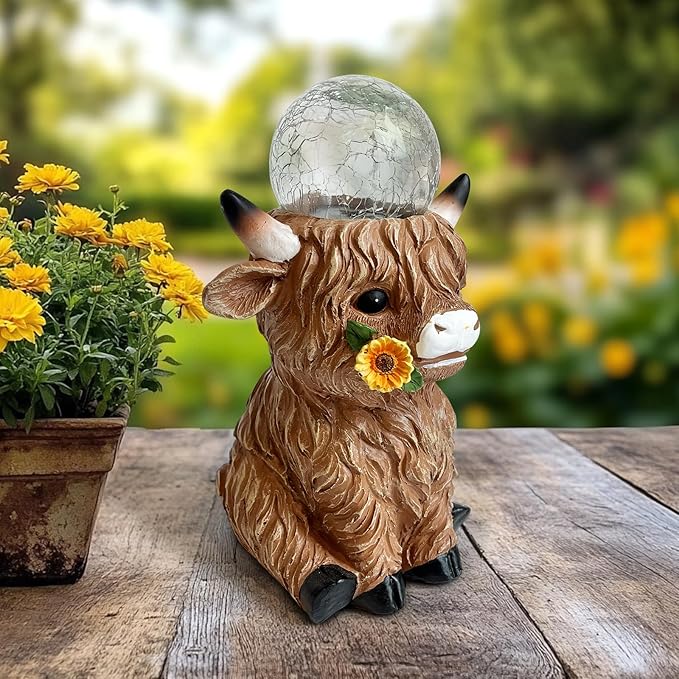 HONGLAND Solar Highland Cow Outdoor Garden Statues, Outside Decor with Color Changing Lights for Yard Lawn Ornaments Porch Patio Balcony Home Farmhouse, Birthday Gifts for Grandma Mom Women