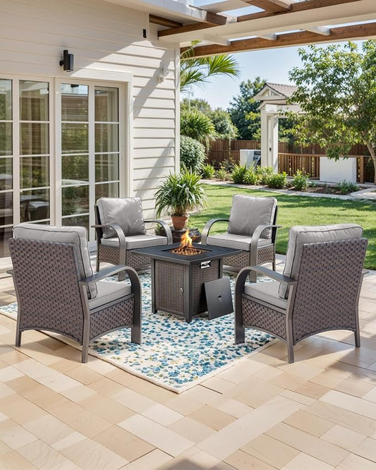 HUMMUH Patio Furniture Set with Fire Pit Table-Patio Chairs Set of 4 Outdoor Wicker Chairs for Deck Porch Garden Poolside Backyard-Brown/Grey