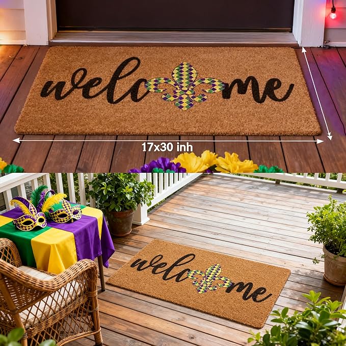 Mardi Gras Welcome Door Mat Outside Entrance, Faux-Coir Thin Doormat, Holiday Outdoor Decoration Outdoor Porch-Rug 17"X30" Non-Slip Dirt-Trapping for Home Garden Farm Spring Decor