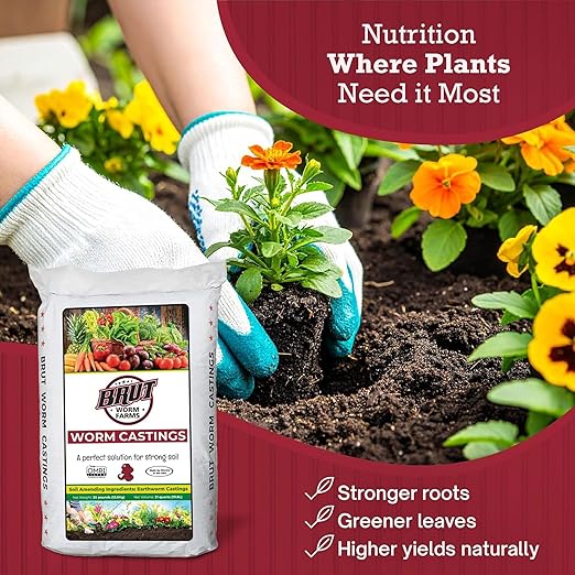 Brut Organic Worm Castings for Plants 30 LB – Natural Nutrients, Fertility Builder, Plant Food for Potting Soil and Garden Soil – Indoor and Outdoor Use - 4 Pack