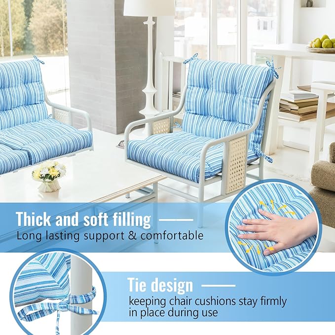 Marsui 4 Pcs Outdoor Indoor High Back Chair Cushions Patio Furniture Tufted Pillow with Ties All Weather Replacement Outdoor Rocking Chair Cushions, 42 x 21 Inches (Blue Stripes)