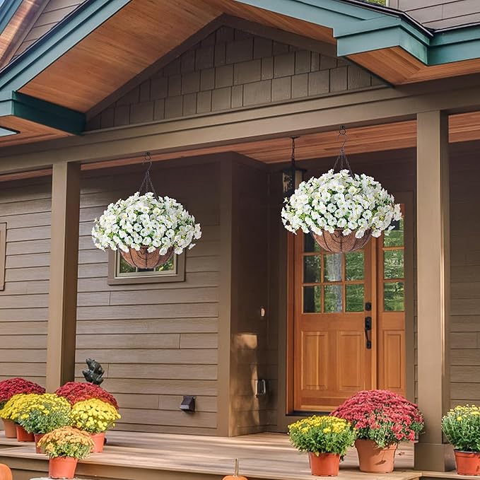 2 Set Artificial Hanging Flowers Baskets for Outdoors Faux Spring Plants, 24 Pcs UV Resistant Faux Silk White Morning Glory with 2 Outdoor Hanging Planters Realistic for Outside Porch Patio Decor