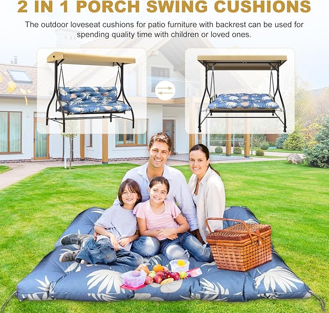 60" Porch Swing Cushion with Backrest, Waterproof Outdoor Bench Swing Cushions 3 Seater Replacement Thickened Swing Cushions with Ties for Patio Garden Backyard,Tropical Leaf,60x40in