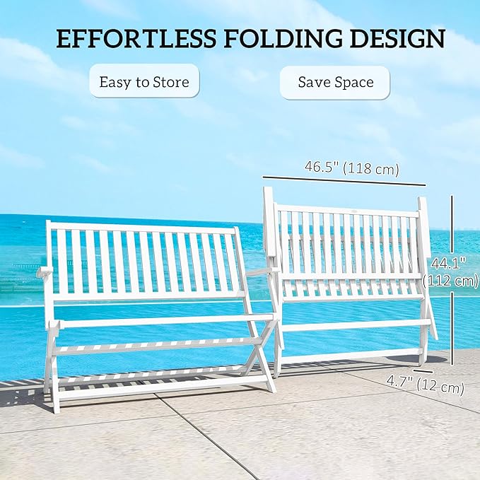 Outsunny Wood Outdoor Bench, 2-Person Foldable Patio Acacia Wood Garden Bench with Backrest and Armrests for Garden, Porch, Park, Balcony, White