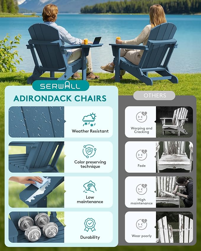 SERWALL Foldable Adirondack Chair Set of 2, Adirondack Chairs with 4 in 1 Cup Holder, Weather Resistant Plastic Chair for Patio Garden Outdoors Fire Pit-Blue