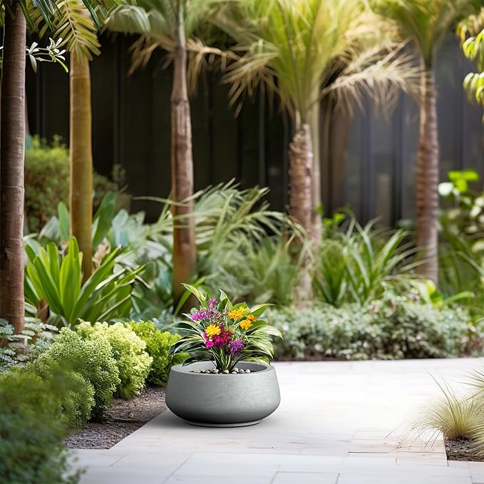Kante 16.9" Dia Round Concrete Bonsai Planters, Outdoor Indoor Garden Plant Pot with Drainage Hole for Home, Patio, Garden, Concrete Gray