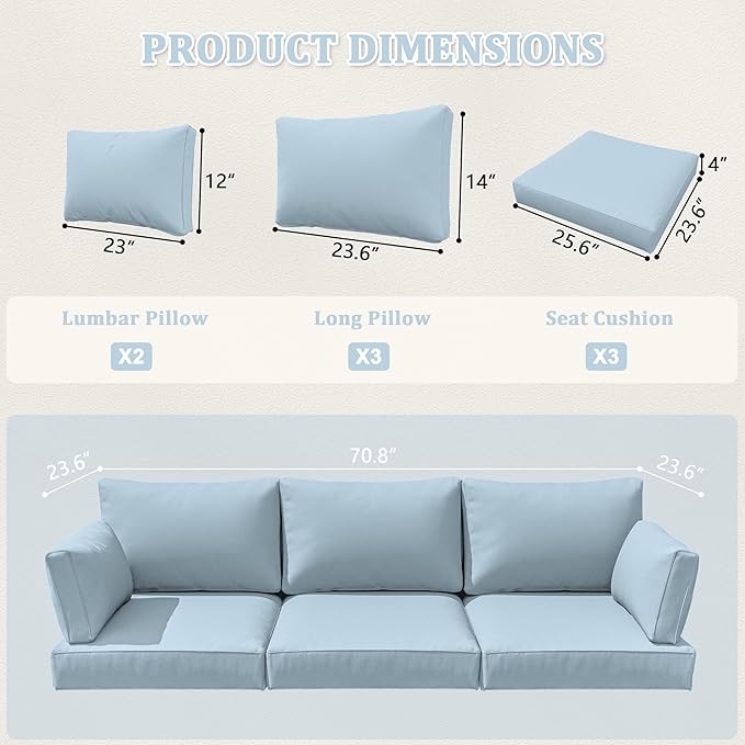 8-Piece Outdoor Cushions for Patio Furniture Thick Outdoor Chair Cushions Resilient Foam Waterproof Deep Seat Cushion Replacement for 3-Seat Sectional Sets Liner&Cover Light Blue