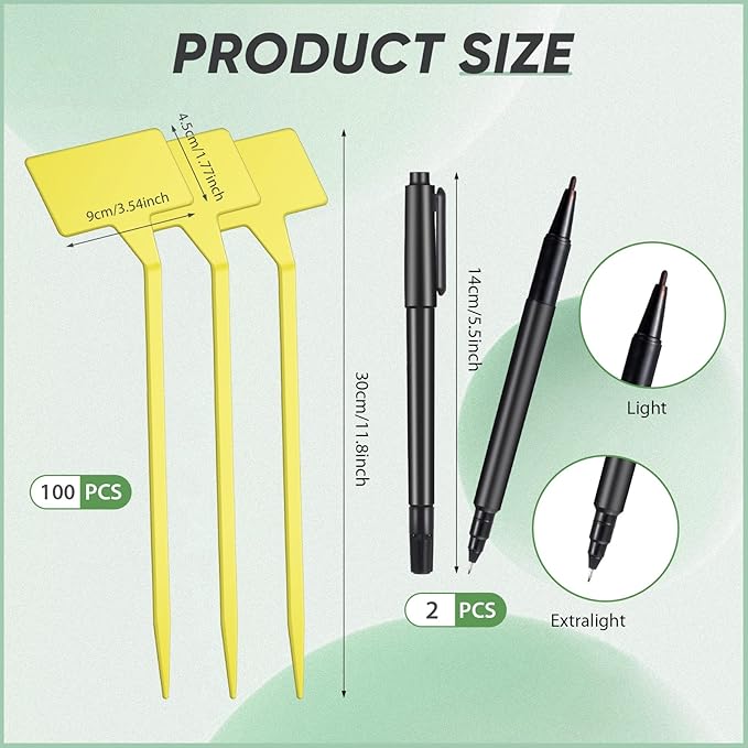 Yinkin 100 Pcs Large Plant Label Signs 11.8 Inch Plant Markers Plastic Garden Label Stakes Waterproof T Type Tags Nursery Garden Signs with Marker Pen for Flower Herb Pot(Yellow)