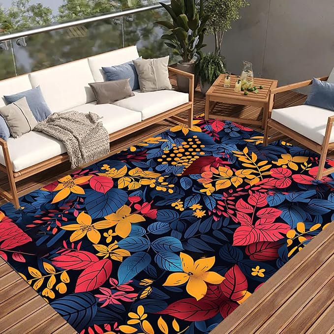 Floral Outdoor Rug 10x14 Modern Dark Blue Red Yellow Botanical Flower Area Rugs for Patio Garden Deck Porch Balcony Waterproof Non Slip Camping Yard Large Carpet Thin Washable Low Pile Floor Mat