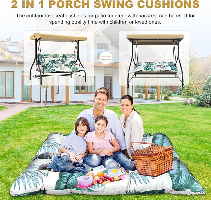 60" Porch Swing Cushion with Backrest, Waterproof Outdoor Bench Swing Cushions 3 Seater Replacement Thickened Swing Cushions with Ties for Patio Garden Backyard,Hawaiian Flower,60x40in