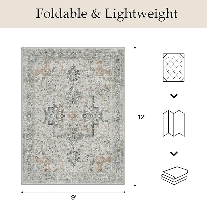 GENIMO Outdoor & Indoor Area Rug 9'x12', Waterproof, Non-Shedding, Easy Cleaning, Boho Mat for Patio, Living Room, Balcony, Dining Room, RV, Deck, Bedroom, Camping, Outside Carpet,Light Grey Brown