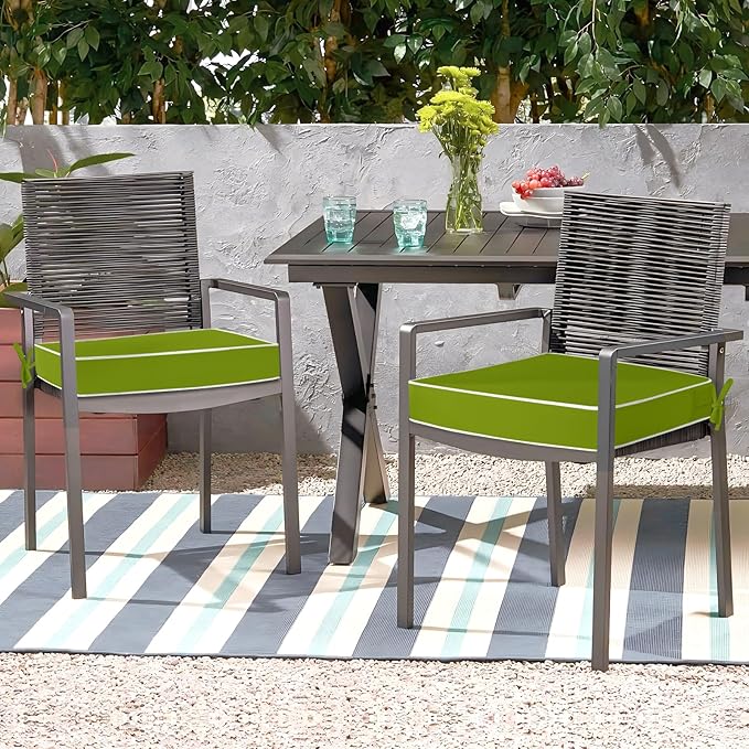 Waterproof Outdoor Chair Cushions Set of 2, Square Outdoor Seat Cushions with Ties and Removable Covers, 19 x 19 Outdoor Cushions for Patio Furniture with Portable Handle(Grass Green/White)