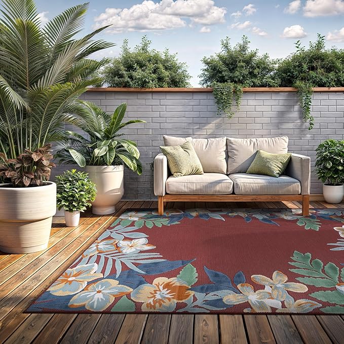 Outdoor Rug 9x12 Washable Area Rugs Indoor Outdoor Carpets Red Border Floral Non Shedding Waterproof Easy Clean Patio Deck Porch Living Room Bedroom Garden RV (9 X 12 Red)