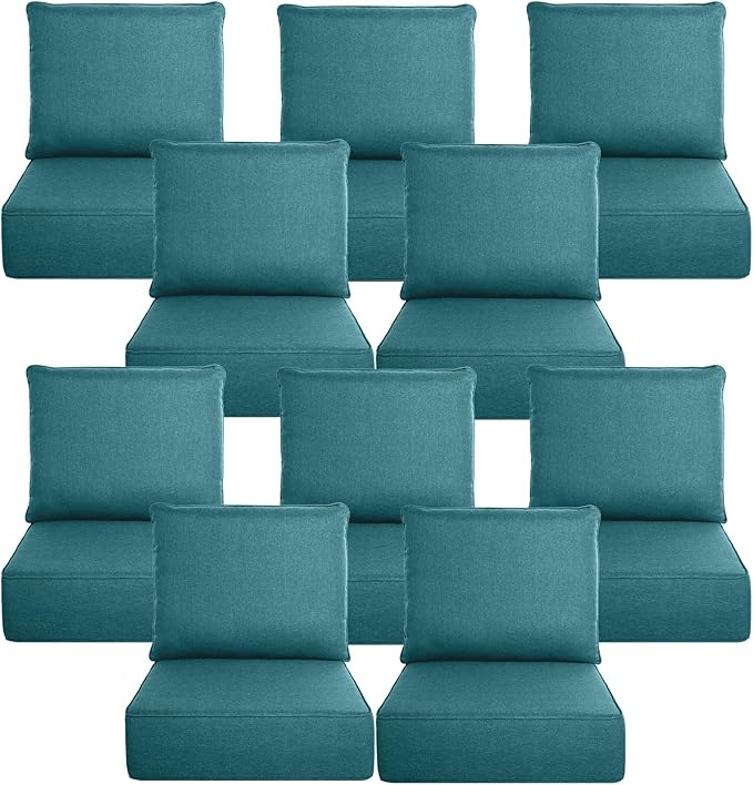 Belord Luxury 6" Thick Outdoor Cushion 10 Set - 24 x24 28D Sponge Filling Fade-Resistant Chair Cushion, Spill Proof Removable Patio Furniture Replacement Cushion for Sofa Bench Swing - Peacock Blue