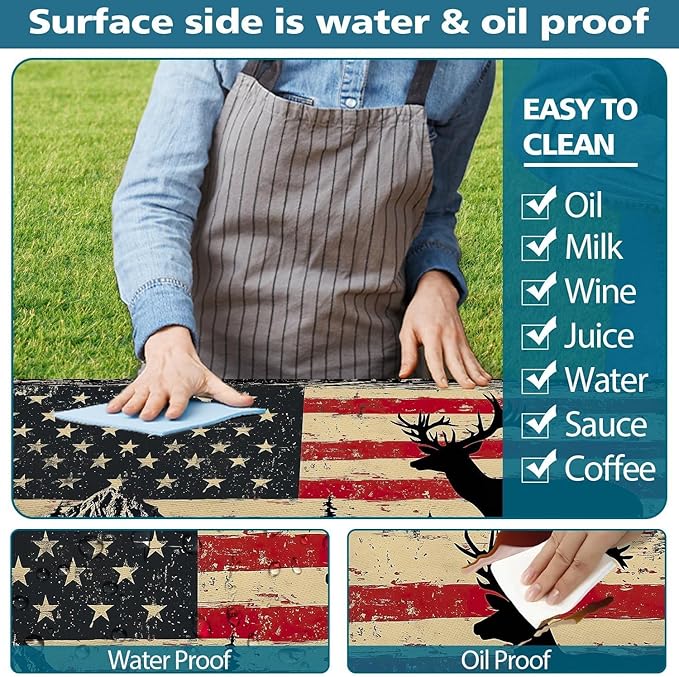 Picnic Table Cover with Bench Covers Elastic Edges, Rustic Farmhouse American Flag Camper Fitted Table Cover, Outdoor Camping Essentials, Waterproof Camping Tablecloth with Drawstring Bag, 96In 3PCS