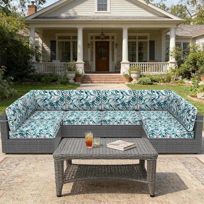 14 Pcs Outdoor Replacement Cushions for Patio Furniture, All Weather Water Resistant Cushion for 6 Seat Rattan Wicker Sectional Patio Conversation Sets and Couch (Lelf)