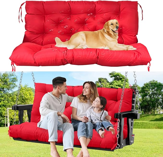 60" Porch Swing Cushion with Backrest, Waterproof Outdoor Bench Swing Cushions 3 Seater Replacement Thickened Swing Cushions with Ties for Patio Garden Backyard,Red,60x40in