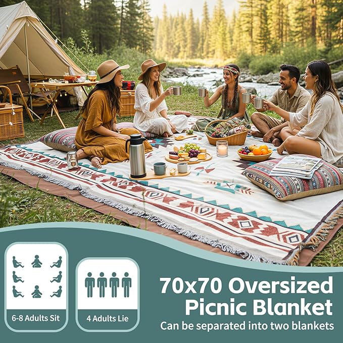 2 in 1 Extra Large Outdoor Picnic Blanket Camping Mat Lightweight Oversized Giant Turkish Boho Beach Mexican Serape Baja Cobijas Mexicanas para Mesa Park Stadium Outside Festival Grass Hammock