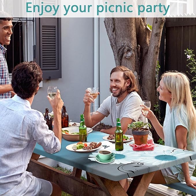 Picnic Table Cover with Bench Covers and Bag, Daisy Outdoor Waterproof Windproof Tablecloth with Elastic Edges. Camping Accessories RV Gear Campers Must Have 72x30 Inches 3 Pcs Set (Teal)