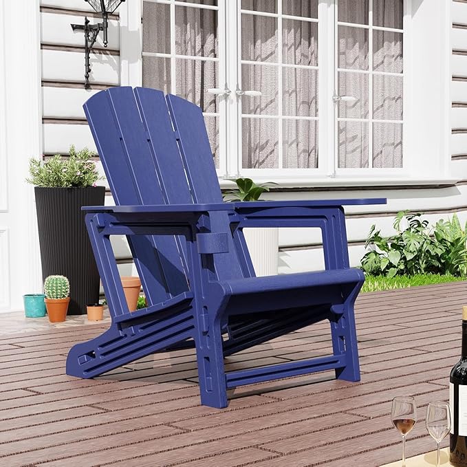 Adirondack Chair, All Weather Plastic Adirondack Chairs, Fire Pit Chairs with Cup Holder, Outdoor Lawn Chair for Patio, Garden, Backyard, Navy Blue