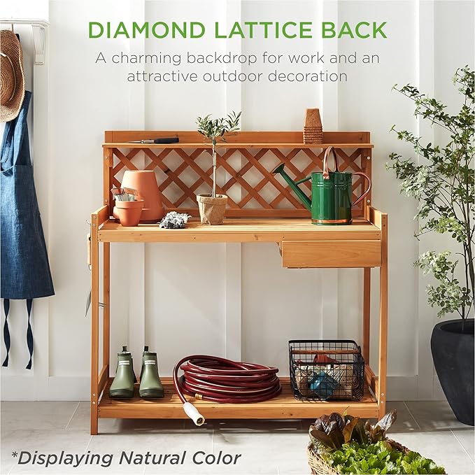 Best Choice Products Outdoor Garden Potting Bench, Wooden Workstation Table w/Cabinet Drawer, Open Shelf, Lower Storage, Lattice Back - Gray