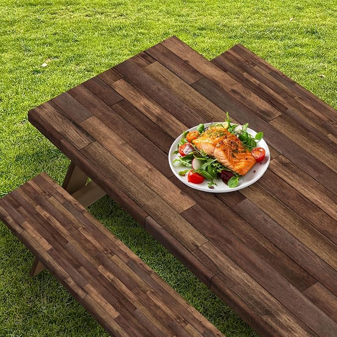 Picnic Table Cover with Bench Covers Elastic Edges, Brown Wood Fitted Table Cover, Outdoor Patio Camping Essentials 72 Inch 3PCS, Waterproof Camping Fitted Tablecloth with Drawstring Bag