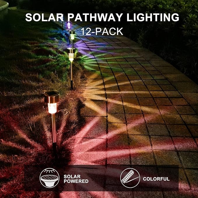 Solar Lights Outdoor Waterproof, Stainless Steel LED Landscape Lighting, Solar Garden Lights, Outdoor Valentines Day Decorations for Yard, Pathway, Walkway, Patio, Lawn - 12 Pack ( Multicolor )