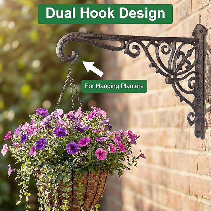 Z metnal Cast Iron Plant Hanger - 12 inch Rustic Wall Mounted Hanging Basket Holder for Outdoor Garden, Patio, Porch Decor - Heavy Duty Metal Hook Bracket