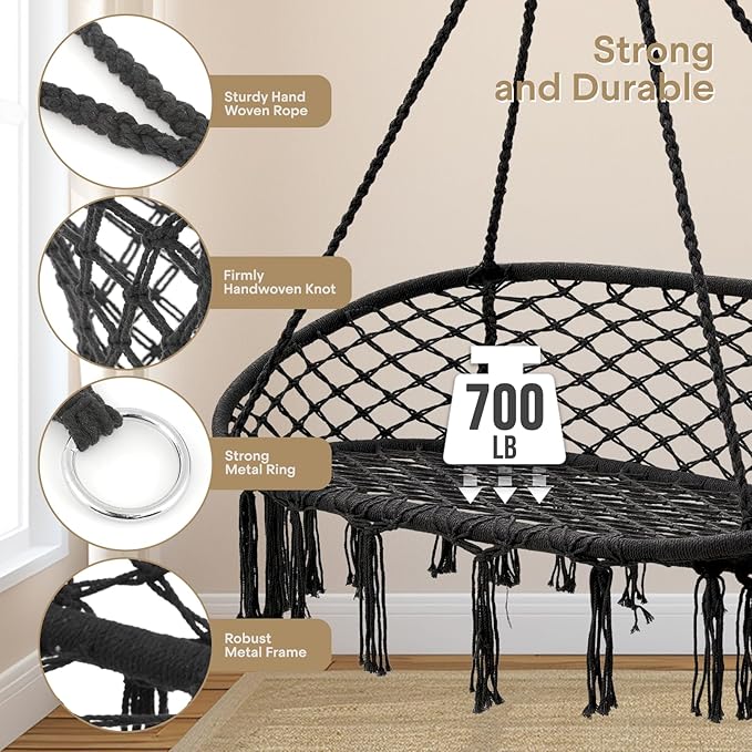 Athena Collection Hammock Swing Chair with 2 Seat, Max 700 Lbs, Outdoor Large Cotton Rope Chair Hanging Macrame Chair with 3 Soft Cushion, Swing Chair for Outdoor Indoor Patio Garden, Black