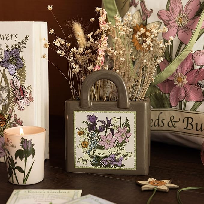Steel Mill and Co Mini Ceramic Tote Bag Vase, Novelty Wildflower Garden Shop Planter, Unique Desk Pen Holder & Pencil Cup, Small Succulent Pot & Home Decor (Wildflowers)