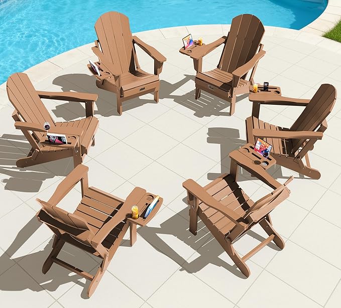 SERWALL Folding Adirondack Chair Set of 2, Outdoor Chairs with 4 in 1 Cup Holder, Wood Texture Adirondack Chairs, Weather Resistant Fire Pit Chairs for Patio Deck Garden, Backyard - Brown