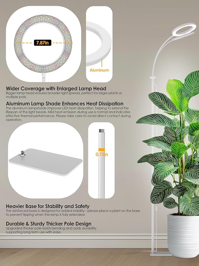 GLOWRIUM Grow Lights for Indoor Plants, Full Spectrum LED Grow Light, Stepless Dimming,3 Lighting Mode and Adjustable Height, Plant Light with 3/9/12/16H Timer (White, 48W)