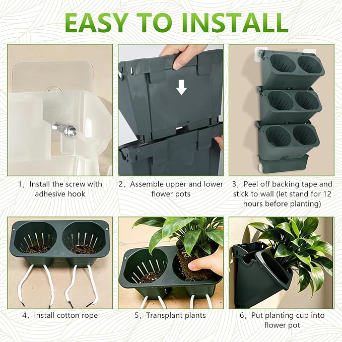 3-Tiers Vertical Wall-Mounted Planter with 6 Pots Vertical Garden Living Wall Planter Indoor Self-Watering Soil-Water Separation Stackable Plastic Planter for Herb Vegetable Flower Succulent (Green)