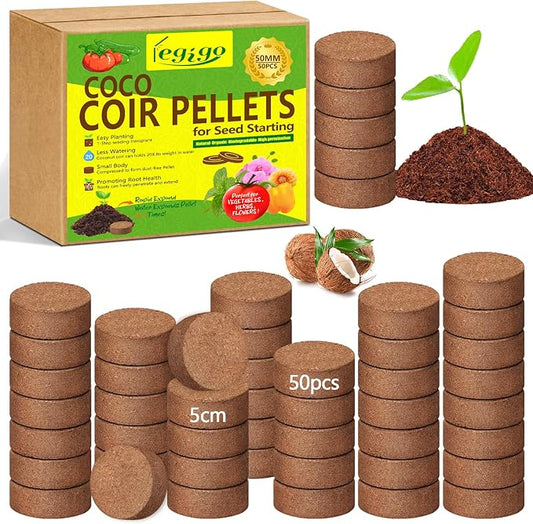 Legigo 50 Pcs 50mm Coco Coir Pellets Seed Starter Soil Mix- Organic Coconut Coir Potting Soil Pods for Seedling, Coco Peat Soil Discs for Indoor & Outdoor Plants Bonsai Herbs Vegetables and Flowers