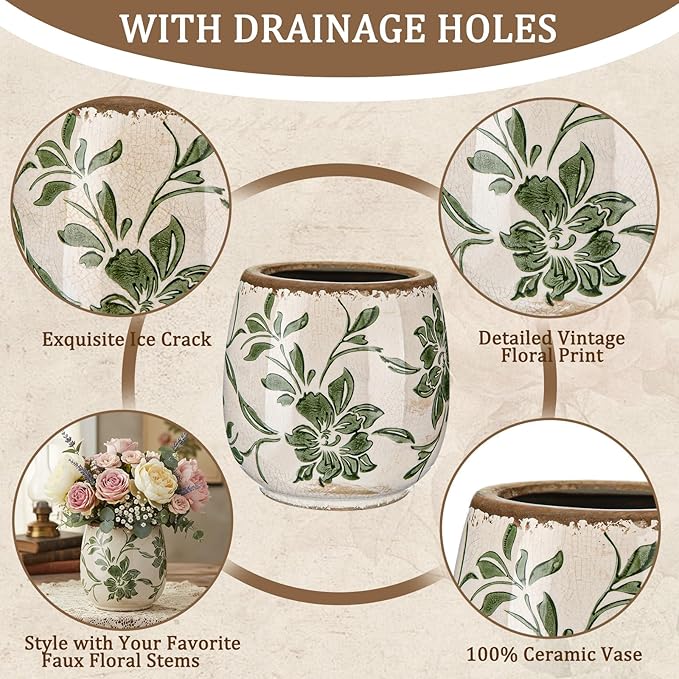 Vintage Ceramic Flower Pot with Ice Crackle Rustic Planter with Drainage Holes for Indoor and Outdoor Decor Home Living Room Garden Decor Gardening Gift(Rustic Style)