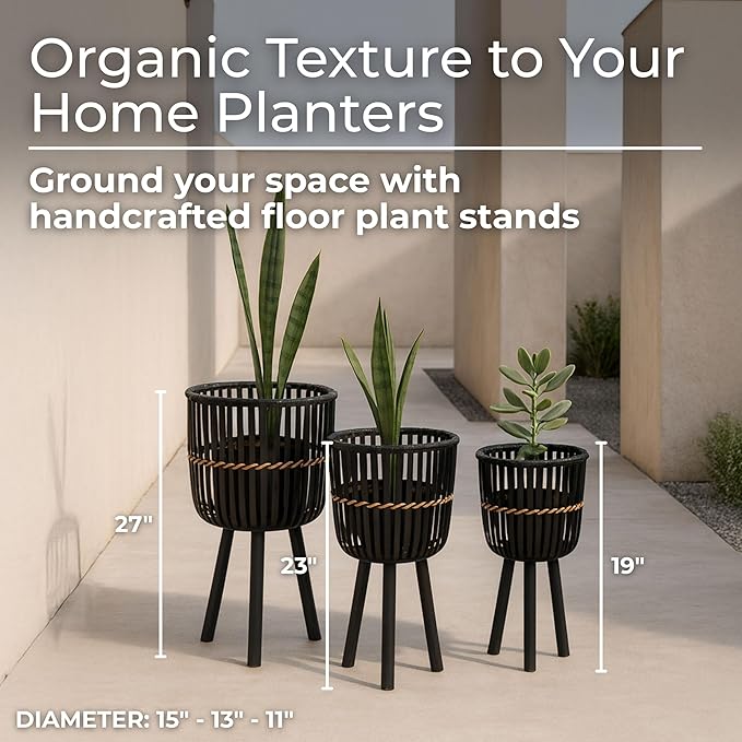 Decorative Bamboo Footed Planters for Home Decor - Garden Plant Pots for Indoor Living Room Decor or Outdoor Patio Areas - Flower Pots for Entryway and Backyard - Set of 3, 27", 23", 19", Black