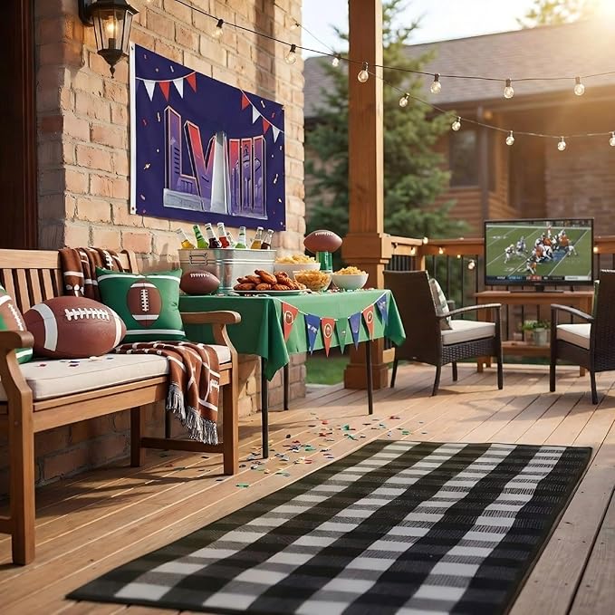 Tinideya 4' x 6' Spring Outdoor Rug Plastic Straw Front Doormat Plaid Mat Patio Deck Mat Waterproof Outdoor Rug Outside Indoor Garden Lawn Balcony Porch Holiday Decor(Plaid Buffalo, Black and White)