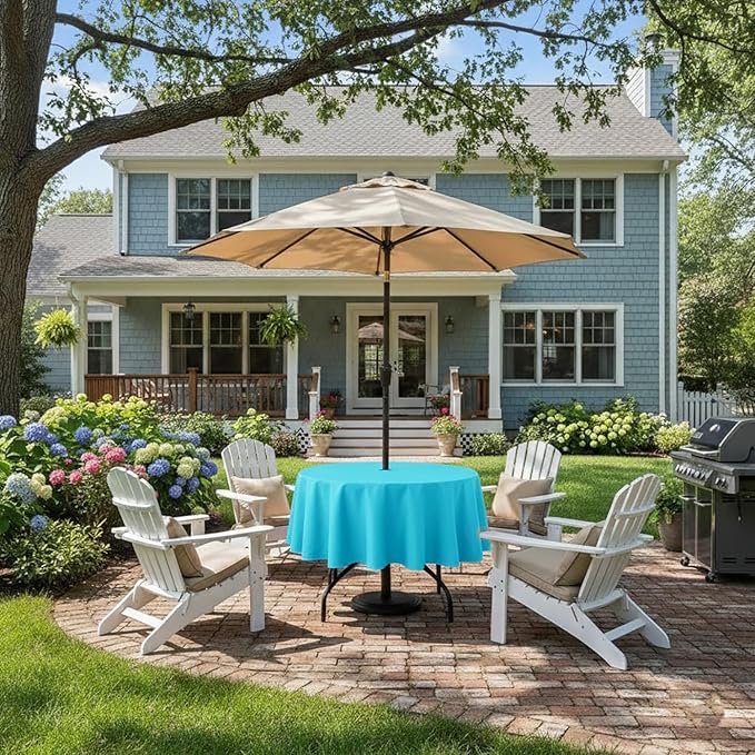Outdoor Tablecloth Wrinkle-Free Stain Resistant Waterproof Polyester Fabric Table Cover with Zipper Umbrella Hole for Picnic/Party/Dinner/Patio Garden(70inch Round,Zippered,Aqua)