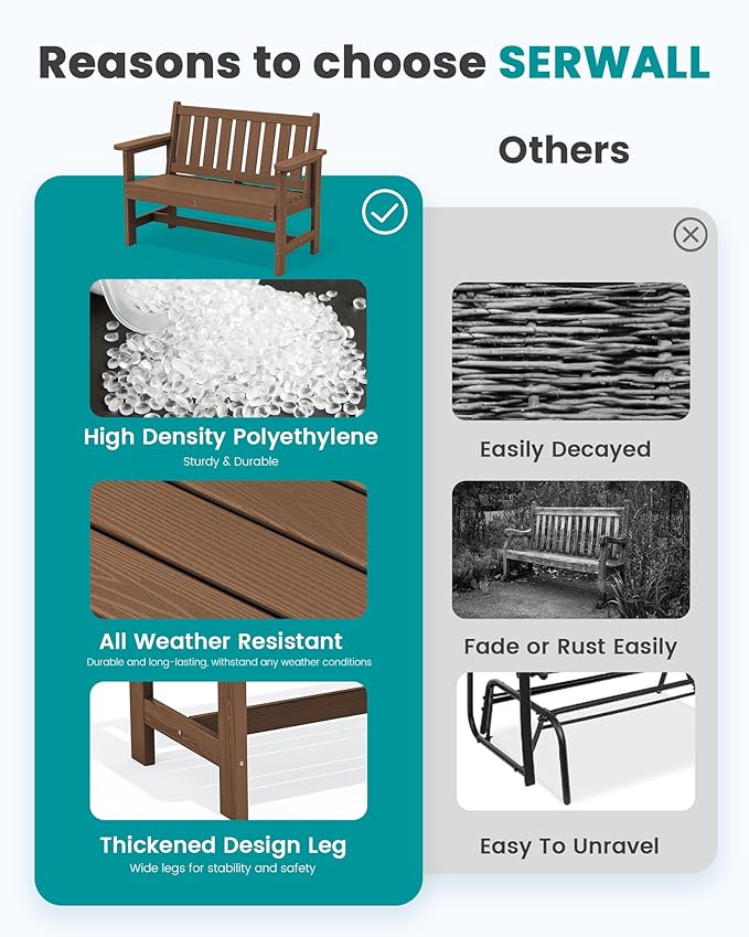 SERWALL Outdoor Bench, HDPE Outdoor Benches Weatherproof, 2-Person Garden Bench with 660 lbs Weight Capacity, Patio Benches for Outdoors, Garden, Porch, Backyard and Park, Brown, 2 Pack