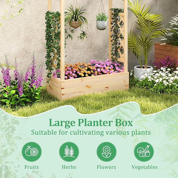 HAPPYGRILL Raised Garden Bed with Trellis, 2 Wood Planter Box w/Hanging Roof, Drainage System, Elevated Garden Box for Climbing Vine, Outdoor Planter w/Trellis for Patio Balcony, 44" x 14" x 45"
