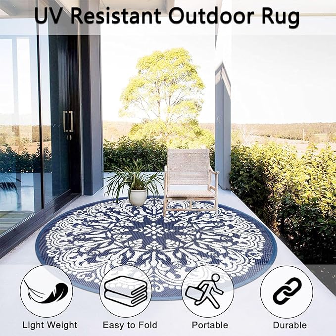 Homcomoda Round Outdoor Patio Rugs 6Ft Waterproof Indoor Outdoor Area Rugs Clearance Reversible Straw Rugs Circle Outdoor Area Rugs for Porch Garden Deck Backyard Balcony