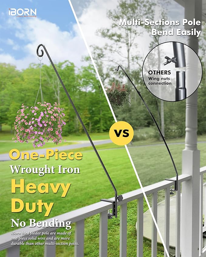 iBorn 40 Inch Deck Hook for Bird Feeder Outdoors Hanging, Hummingbird Feeder Hanger for Deck Railing, Squirrel Proof Shepherd Hook, Rotatable for Refilling, Wrought Iron Solid Wire, Pack of 2, Black