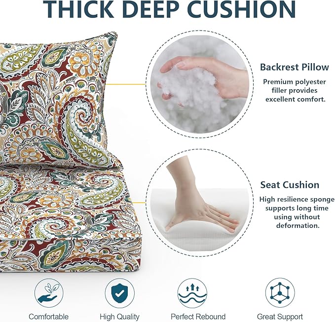 Outdoor Deep Seat Cushion Set, Water Repellent 22"x22" Patio Thick Cushions Replacement with Seat & Back Pillow for Patio Sofa, Wicker Chair, Couch - Paisley Chilli