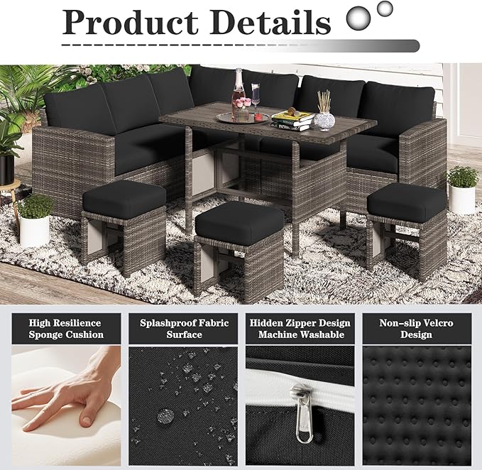 U-MAX Outdoor Cushions for Patio Furniture, Memory Foam Patio Replacement for Outdoor Furniture, Fits 7-Seats Sectional Rattan Conversation Set, Black