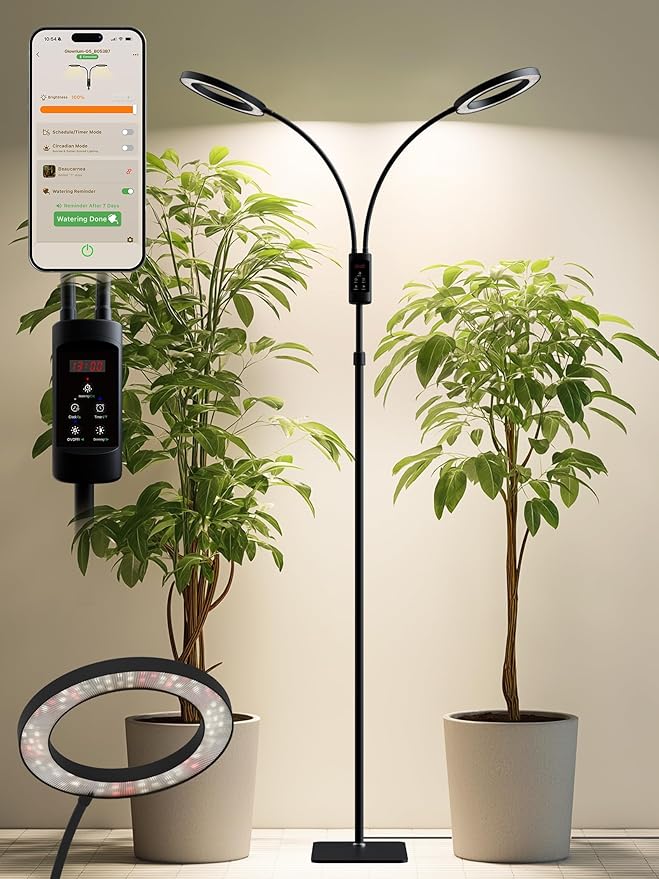 Smart Grow Lights for Indoor Plants, Plant Light with Auto-Timer, Full Spectrum LED Grow Light, Adjustable Height & Stepless Dimming,Plant Assistant Suitable for Most Plants (Black, 48W)