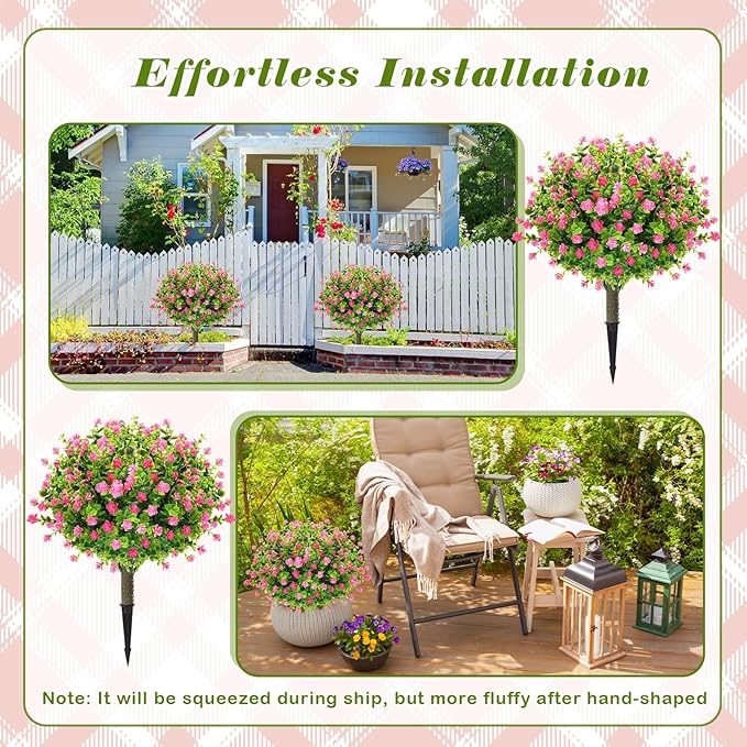 Yunlly 2 Pcs Outdoor Artificial Topiary Ball Trees 22" with Colorful Flowers, Boxwood Fake Bushes Shrubs with Spike, UV Resistant Evergreen Plants for Front Porch Garden Decor (Light Pink)