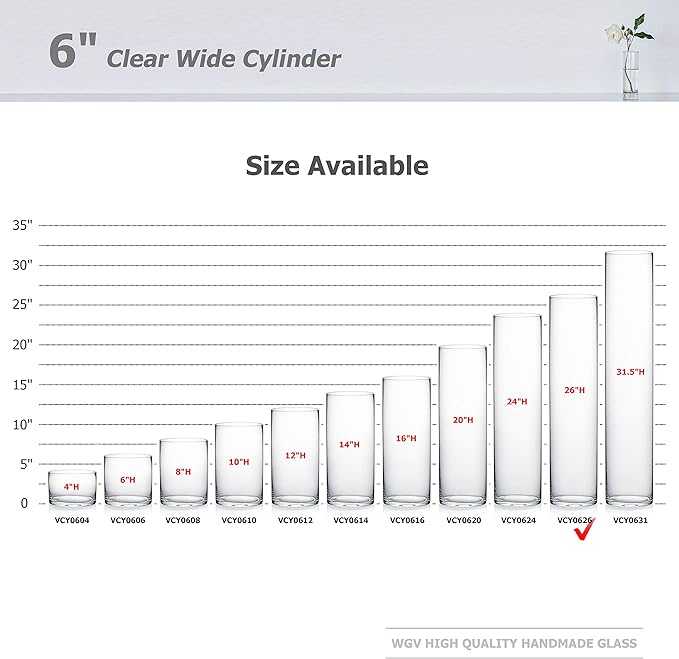 WGV Cylinder Vase, Width 6", Height 26", Clear Tall Glass Container Terrarium Candle Holder for Wedding Centerpiece, Party Event, Home Office Decor, 1 Piece