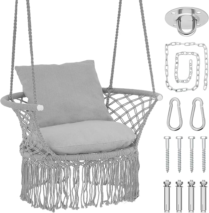 Athena Collection Hammock Swing Chair with Cushion, Outdoor Macrame Chair with Mounting Hardware, Max 350 Lbs, Large Cotton Rope Hanging Chair for Outdoor Indoor Porch Garden, Gray