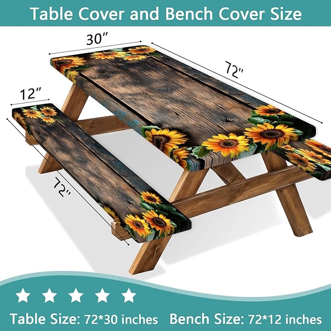 Picnic Table Cover with Bench Covers Wood Sunflower Flowers Wooden Floral Waterproof Windproof Fitted Outdoor Tablecloth with Elastic Rectangle Table Cloth Camping Accessories,60x30 Inch
