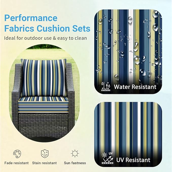Outdoor Cushions for Patio Furniture,Outdoor Seat Cushion Set 24 x 24 x 4 Inch,Waterproof & Fade Resistant Outdoor Chair Cushions,Deep Patio Chair Cushion with Removable Cover,Blue Stripe